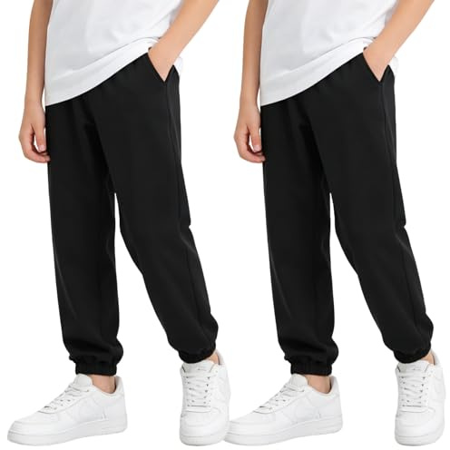 BBXWANG 2 Pairs Boys Joggers, Black Joggers Boys Tracksuit Bottoms Cuffed Pants for Kids Sports Activewear, Age 3-13 Years