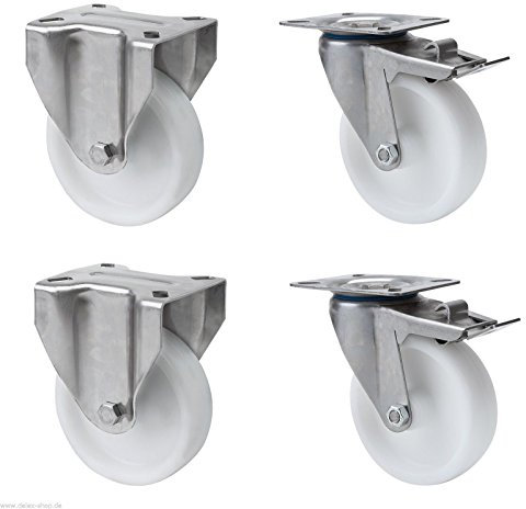 Satz je 2 Transportgeräterolle Bockrolle Lenkrolle totalfeststellbar Edelstahl 125 mm Rad aus Polyamid Anschraubplatte V2A INOX Edelstahlrolle mit Totalfeststeller Bremse Polyamidrad