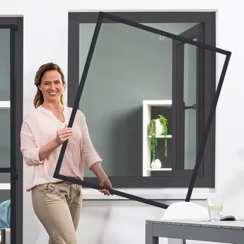 empasa Insektenschutz Fliegengitter Fenster Alurahmen BASIC | ohne Bohren und Schrauben in verschiedenen Farben und Größen, Farbe:Anthrazit, Größe:80 x 100 cm
