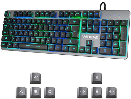 Vehemo Gaming Keyboard USB Wired RGB Keyboard Backlit 7 Colors Breathing LED 104 Key All-Metal Panel PC Laptop MAC