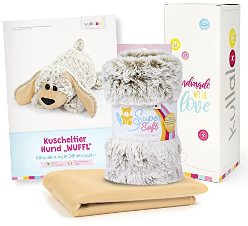 Hund Wuffel von kullaloo nähen - Papierschnittmuster & zwei Plüschstoffe in Geschenkbox