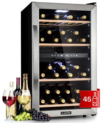 KLARSTEIN Cantinetta Vino, Cantinetta Vino Refrigerata a Zona Doppia per Interno/Esterni, Frigo Bar, Cantina Vino con Vetrina, Mini Bar con Protezione UV, Frigo Vino Touch, 5-18°C, 45 Bottiglie