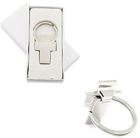 Lote de 12 llaveros metal brillo CRUZ, personalizados grabación a diamante. Recuerdo para invitados a una Primera Comunión, Bautizo.