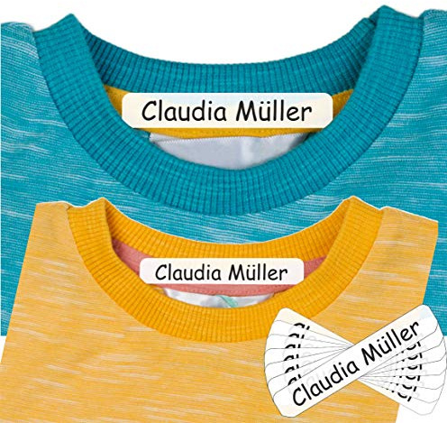 INDIGOS UG - Bügeletiketten 60 Stück 60x10 mm für Kleidung - personalisiert mit Namen - zum Aufbügeln auf T-Shirts, Sportsachen, Schürzen - für Kinder, Schule, Kindergarten - weiß Textiletiketten