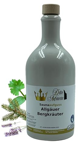 Dufte Momente | Saunaduft Konzentrat Allgäuer Bergkräuter 500ml | in weißer Steinzeugflasche mit Korkmündung | ätherische Öle | vegan, ohne Tierversuche