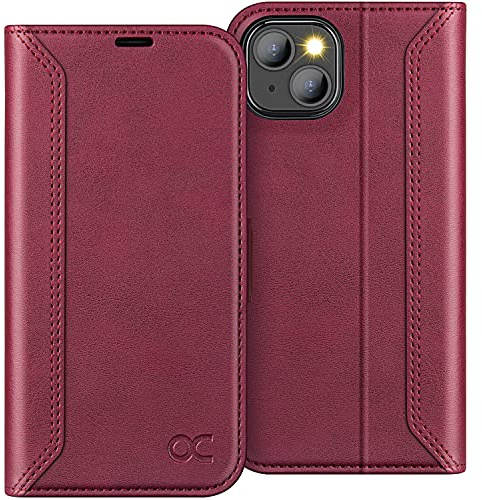 OCASE Hülle für iPhone 13 Handyhülle Retro Burgundy | Kartenfach Magnetverschluss RFID Schutzhülle Klapphülle Handytasche Lederhülle Flip Case Cover Tasche Etui