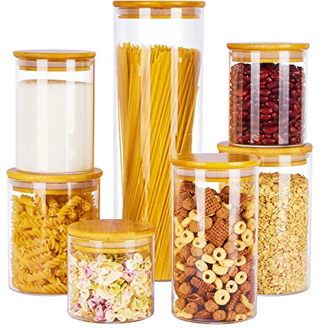 Vtopmart Glass Food Storage Jars, 7 Pack Kitchen Containers with Airtight Bamboo Wooden Lids for Pasta, Cookies, Nuts, Coffee Beans, Cereal, Canisters Set for Flour, Pantry Organization, BPA Free