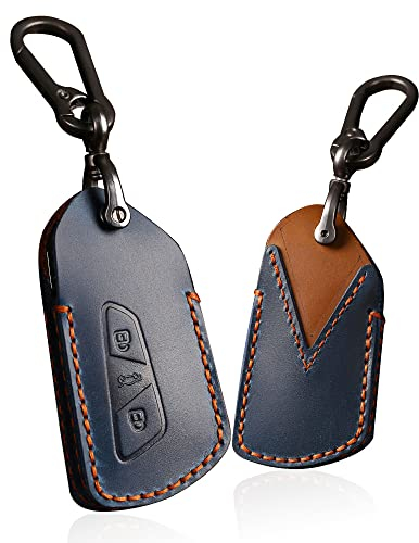 ontto Autoschlüssel Leder Hülle Passt für VW ID 3 ID 4 Golf 8 Seat Leon MK 4 Tarraco Ateca Skoda Octavia 2020 Auto Schutzhülle Cover Schlüssel Gehäuse mit Schlüsselanhänger 3 Tasten Blau
