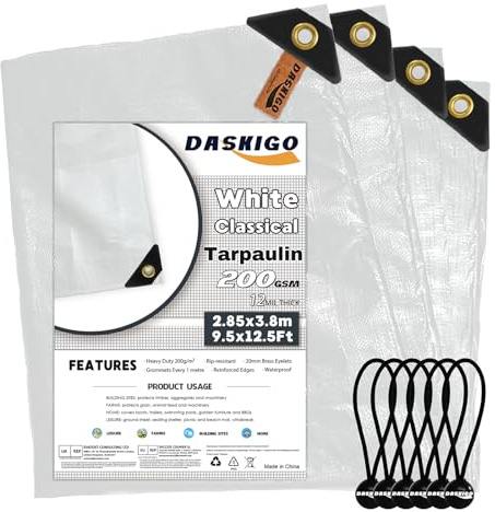 DASKIGO 3 x 4 m resistente 200 g/m² bianco rinforzato telone copertura impermeabile telone telo e 6 pz palle elastiche
