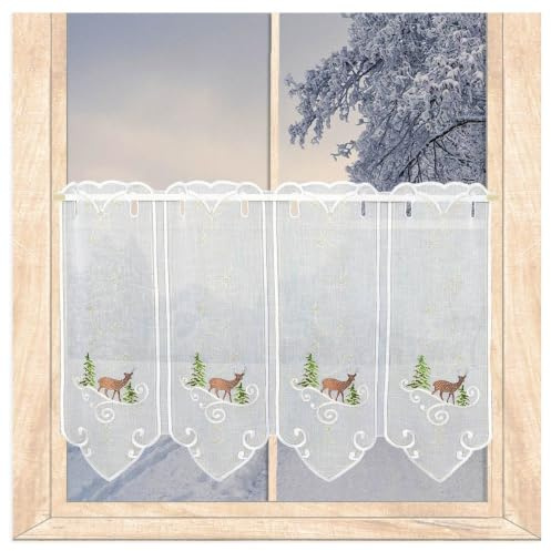 atelier alles-Spitze Stickerei-Scheibengardine Winterhirsch HxB 45x96 cm | atelier alles-Spitze Kurzgardine, Winterliches Waldmotiv Weiß-Gold-Braun-Grün, Halbtransparent