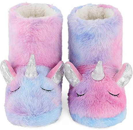 LACOFIA Toddler Winter Animal Slipper Boots Kids Girls Novelty Booties Children Anti-Slip Plush House Slipper Shoes Rainbow 9/10 Multicolor