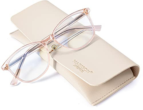 Madison Avenue Square Vintage TR90 Blue Light Blocking Reading Glasses for Women with Case, Anti Glare/Eyestrain Computer Readers Transparent Brown 2.0