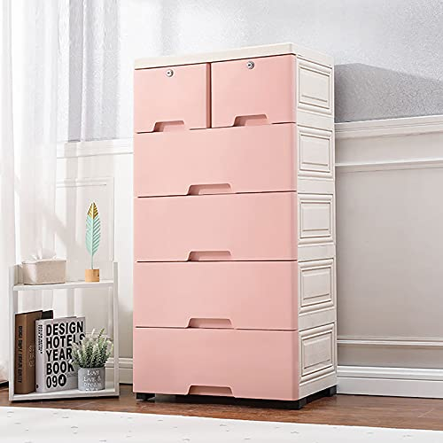 Lightakai Rollcontainer mit Schubladen, 6 Schubladen Kunststoff Kommode Verfügt über 4 große Schubladen und Top 2 kleine Schränke mit Schlüsseln Für Home Office Bedroom, 50x35x102cm (Pink)