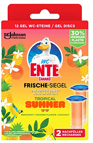 WC-Ente Frische-Siegel Nachfüller, körbchenloser WC-Reiniger, 12 Gel WC-Steine, Tropical Summer Duft, 2 x 36 ml