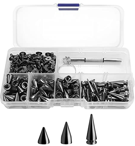 homsyway 100stk Kegel Spike Nieten Cool Punk Rock Stud Schraube Back Stud Metalljacke Spike Stud, für Taschen DIY Leder Handwerk Armbänder Halskette Kleidung Schuhtasche Handwerk(3 Größe, Schwarz)