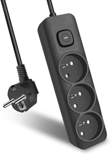 EXTRASTAR Multiprise Noire 3 Prises, Prise Multiple avec Interrupteur, Rallonge Electrique 1,5m 3G1,0 mm², 16A/250V 3680W, Multiprise avec Sécurité Enfant