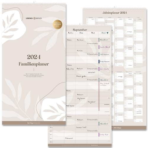 Lebenskompass Familienplaner 2024 mit 5 Spalten - Wandkalender 2024 - mit 1 Monat pro Seite und vielen Extras - Kalender 2024 Familienkalender