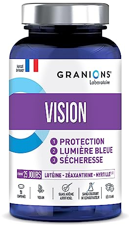 Vision GRANIONS | Complement alimentaire yeux | Mirtoselect + Lutéine + Zéaxanthine + Vitamines | Tension oculaire, vue, yeux secs et fatigués | Made in France |Format 1 mois