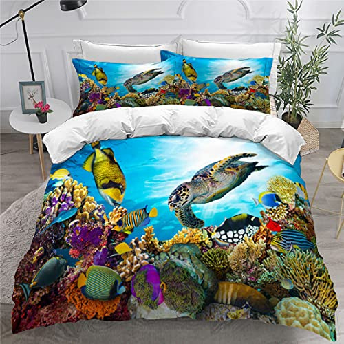Juego de Ropa de Cama de Animales Marinos 3D, delfín, pez Tropical, Coral, Funda nórdica Vida Marina, Funda nórdica Mundo Submarino Azul para niños(B, 135 x 200 cm)