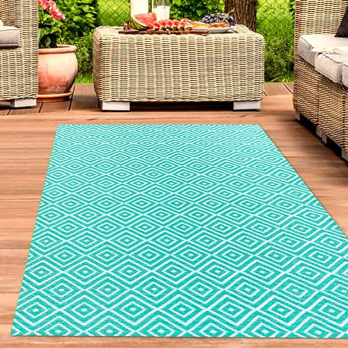 CARPETIA Teppich Außenteppich Outdoor-Teppich wetterfest wasserabweisend Campingmatte Picknickmatte Plastik Garten Terrasse Rautenmuster Petrol 150 x 220 cm