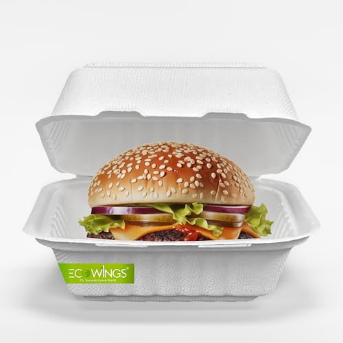 ECOWINGS 6x6 inch Burger Boxes, Crafted from Biodegradable Sugarcane Pulp Bagasse - Eco-Friendly Takeaway Food Containers, Pack of 50, Say No to Plastic, Ideal for Burgers, Cakes Slices & Chips