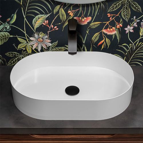 Inbagno Lavabo da appoggio Ovale 58x38 cm in Acciaio Inox, Finitura Bianco Opaco e profondità 9,5 cm, Goya