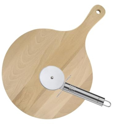 Fackelmann 9941450 Ensemble pour pizza 1 planche à pizza et 1 roulette à pizza, planche à pizza, roulette à pizza, coupe pizza, planche à découper, Acier inoxydable, Bois, 44 x 30 cm | Service pizza complet, Planche bois 44 x 30 cm, Roulette inox incluse, Coupe nette des tartes flambées