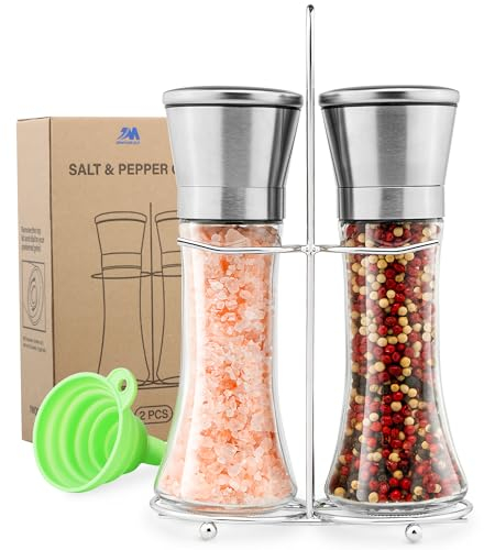 M JINGMEI Salz- und Pfeffermühle 2er-Set, Nachfüllbare Gewürzmühle, Manuelle Pfeffermühle, Einstellbarer Schärfegrad Edelstahl-Pfefferstreuer, Glaskörper mit Halterung