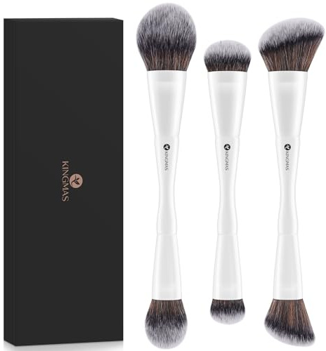 KINGMAS 3-Piece Foundation Makeup Brush Set - Double-Ended Kabuki, Large Foundation, Medium Concealer, Small Contour Brushes for Liquid, Cream, Powder, Blending & Buffing Face Makeup Tools