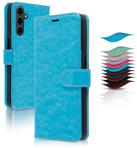 MONASAY For Galaxy A25 Wallet Case, [Included Glass Screen Protector][RFID Blocking] Flip Folio Leather Cell Phone Cover with Credit Card Holder for Samsung Galaxy A25, Light Blue