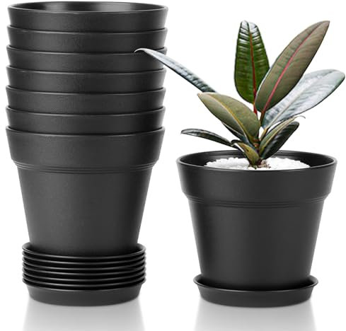 T4U 10cm Plastic Plant Pots 6-Pack, Flower Pot with Drainage Hole and Saucer, Classic Indoor Outdoor Plant Pots for Succulent, Snake Plant, Aloe Vera and All House Plants