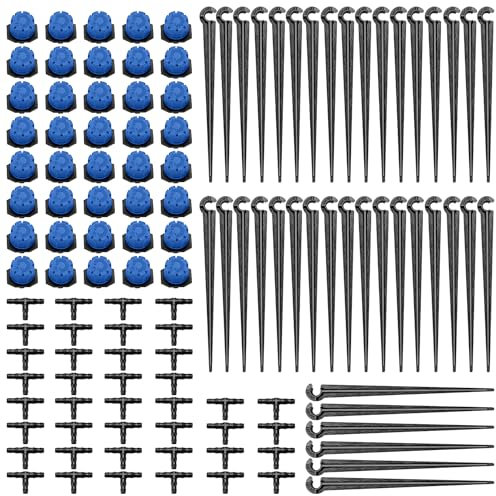 VooGenzek 120 Stücke 4/7mm Automatische Tropf Bewässerung Set, 40 Einstellbare Micro Drip Tropfer + 40 T-Steckverbinder + 40 Micro Drip Rohrhalter für Schlauch 4/7mm, für Garten, Rasen, Blau