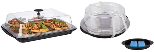 APS Thermo-Set 6-teilig – Hochwertiges Tablett-Set & 9094 Thermo Tablett Set, Set bestehend aus 1 stabilen Schale, 1 Edelstahl Tablett, 2 Kühlakkus, 1 Frischhaltehaube, Ø 35 cm, Höhe 15 cm, schwarz