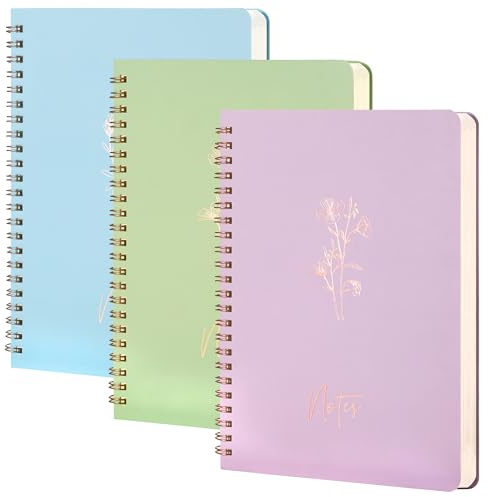 MGGAO 3 Cuadernos Espiral para Mujeres - Diario/Cuaderno Estético con Rayas Universitarias, Bolsillos Grandes y 7 mm, 60 Hojas Rayadas - para Material Escolar y de Oficina (A5, 21 x 14,7 cm)