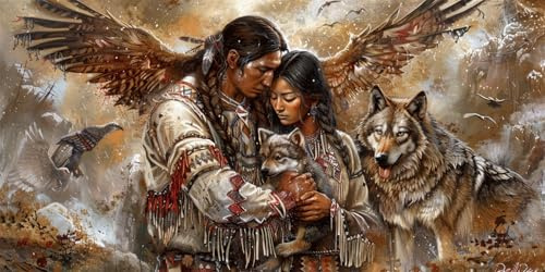Malen Nach Zahlen Erwachsene Wolf Malen Nach Zahlen Indianer Paint by Numbers Anfänger Kinder, DIY Handgemalt Ölgemälde Leinwand Kits Pinseln Acrylfarben Bastelset, Home Deko, Frauen Geschenk 50x100cm