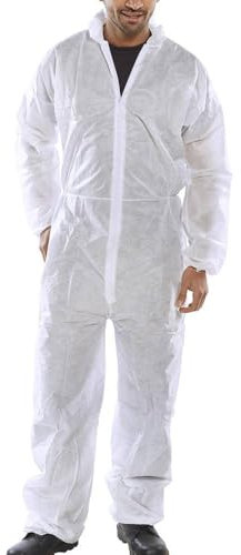 5 PACK - Poly Prop White Economy Lightweight Disposable Overall Boilersuit - Zip up, elasticated hood, ankles and wrists (Medium)