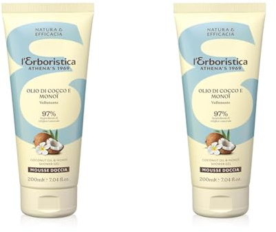 L'Erboristica Athena's - Mousse Doccia Profumato con Olio di Cocco e Olio di Monoi - Bagnoschiuma Vellutante e Idratante - 200 ml (Confezione da 2)