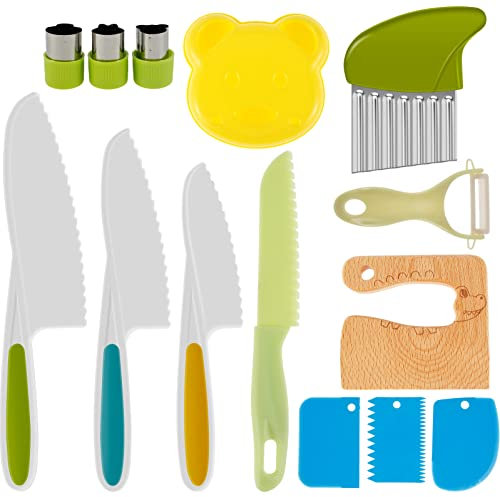 GUIJZSLTRG 14 Pcs Kitchen Safety Knives for Kids, Mini Kids Kitchen Knives Set with Potato Slicers Grater and Serrated Edges Cutters Plastic Children's Cooking Knives for Vegetables Fruits Salad Cake