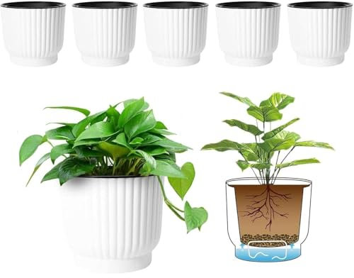 T4U 4 Inch Self Watering Pots for Indoor Plants, 6 Pack White Plastic Flower Pots for All House Plants, Flowers, African Violets