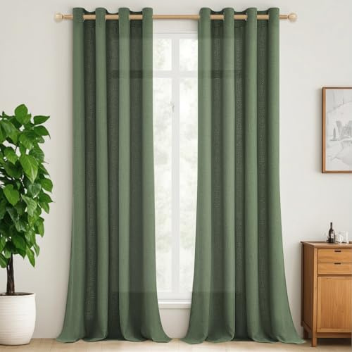 MRTREES Extra Lange Gardinen und Vorhänge Halbtransparent Leinen Gardinen mit Ösen 2er Set, Vorhang Leinenoptik Wohnzimmer Modern 260 cm Lang 140 cm Breit, Gardine Landhaus, Oliv-grün