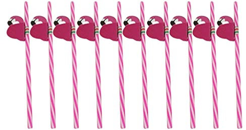 Lot de 10 pailles hawaïennes réutilisables en plastique motif flamant rose rose