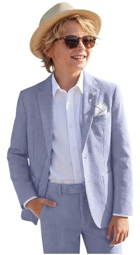 Boys Seersucker Suit 2 Piece Set Suit for Boy Slim Fit Seersucker Tuxedo Blazer Pants Beach Wedding Prom Blue 8