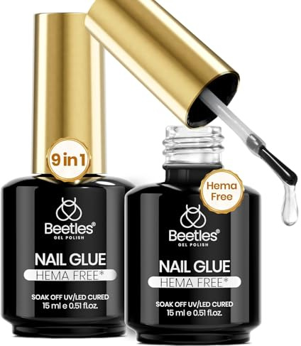 Beetles Gel Polish 5 In 1 Nail Glue Kit for Acrylic Nails, 2 Pcs 15ml Super Strong Brush in Nail Gel Glue for False Nails Tips and Gel Nail Polish Led Lamp Required Nail Art Gift