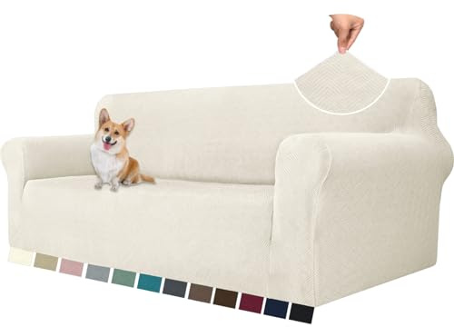 YSTELLAA Stretch Sofa Überzug 3 Sitzer, Sofaschoner rutschfest Mit Armlehne, Universal Jacquard Sofabezug, Dicke Sofabezug Für Hunde Katzen Und Haustiere, Waschbare Sofa Cover, CremeWeiß