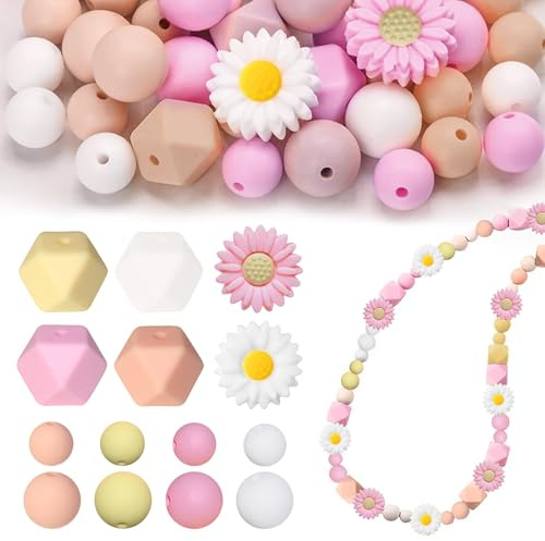 AIDUCHO Lot de 64 perles en silicone colorées en forme de marguerite - Pour bricolage - Porte-clés - Bracelets et colliers