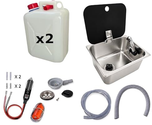 XENPER®️Kit Fregadero Camper Pequeño 32x26 con Tapa GARRAFAS A Elegir – Ideal para Kit Camper Furgoneta, Lavabo Caravana y Cocina Camper, Ideal para Muebles Camper