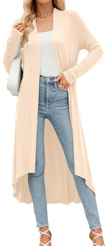 POMTIMCO Damen Leichter Cardigan Einfarbige Wasserfall Cardigans V Ausschnitt Langarm Strickmantel (Beige,M)