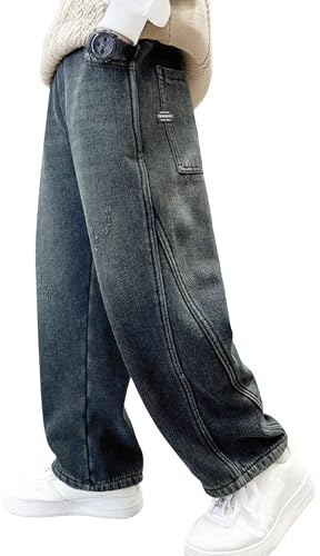 Happy Cherry Boys Jeans Kids Elasticated Waist Slim Fit Cargo Joggers Hip Hop Trouser Casual Straight Bootcut Denim Pants with Pockets 170 CM