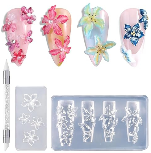 Yamobi Lot de 2 moules à ongles, en silicone, en forme de fleur 3D, pour le nail art, réutilisables, avec stylo de sculpture pour ongles en forme de fleurs