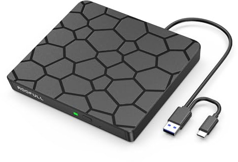 ROOFULL External CD DVD Drive for Laptop, USB 3.0 & USB-C Portable CD/DVD-RW Disc Drive Reader Burner Writer Player for Windows 11/10/8/7 Laptop Mac MacBook Linux PC, RF868